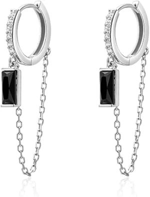 SLUYNZ 925 Sterling Silver Dangle Hoop Earrings for Women Minimalist Black CZ Hoop Earrings Tassel Chain