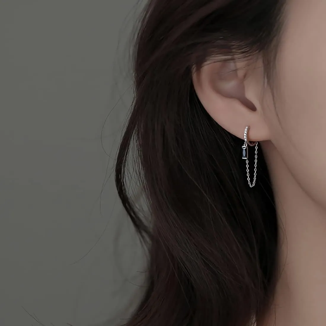 SLUYNZ 925 Sterling Silver Dangle Hoop Earrings for Women Minimalist Black CZ Hoop Earrings Tassel Chain