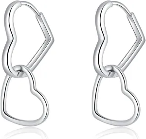 SLUYNZ 925 Sterling Silver Heart Hoop Earrings for Women Teens Sweet Love Hoop Earrings Double Heart Earrings