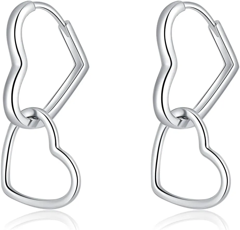 SLUYNZ 925 Sterling Silver Heart Hoop Earrings for Women Teens Sweet Love Hoop Earrings Double Heart Earrings