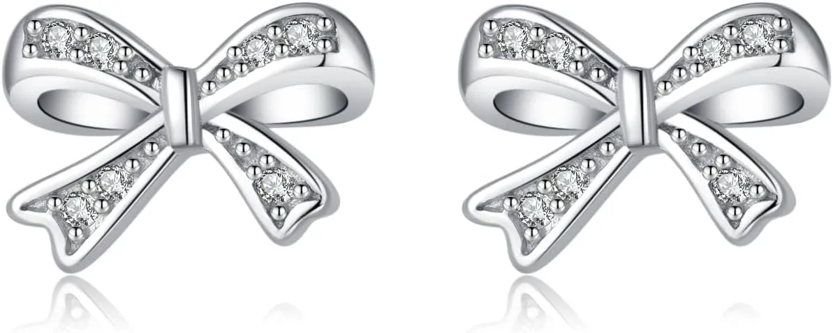SLUYNZ Solid 925 Sterling Silver Tiny Bow Earrings Stud for Women Teens CZ Bowknot Stud Earrings