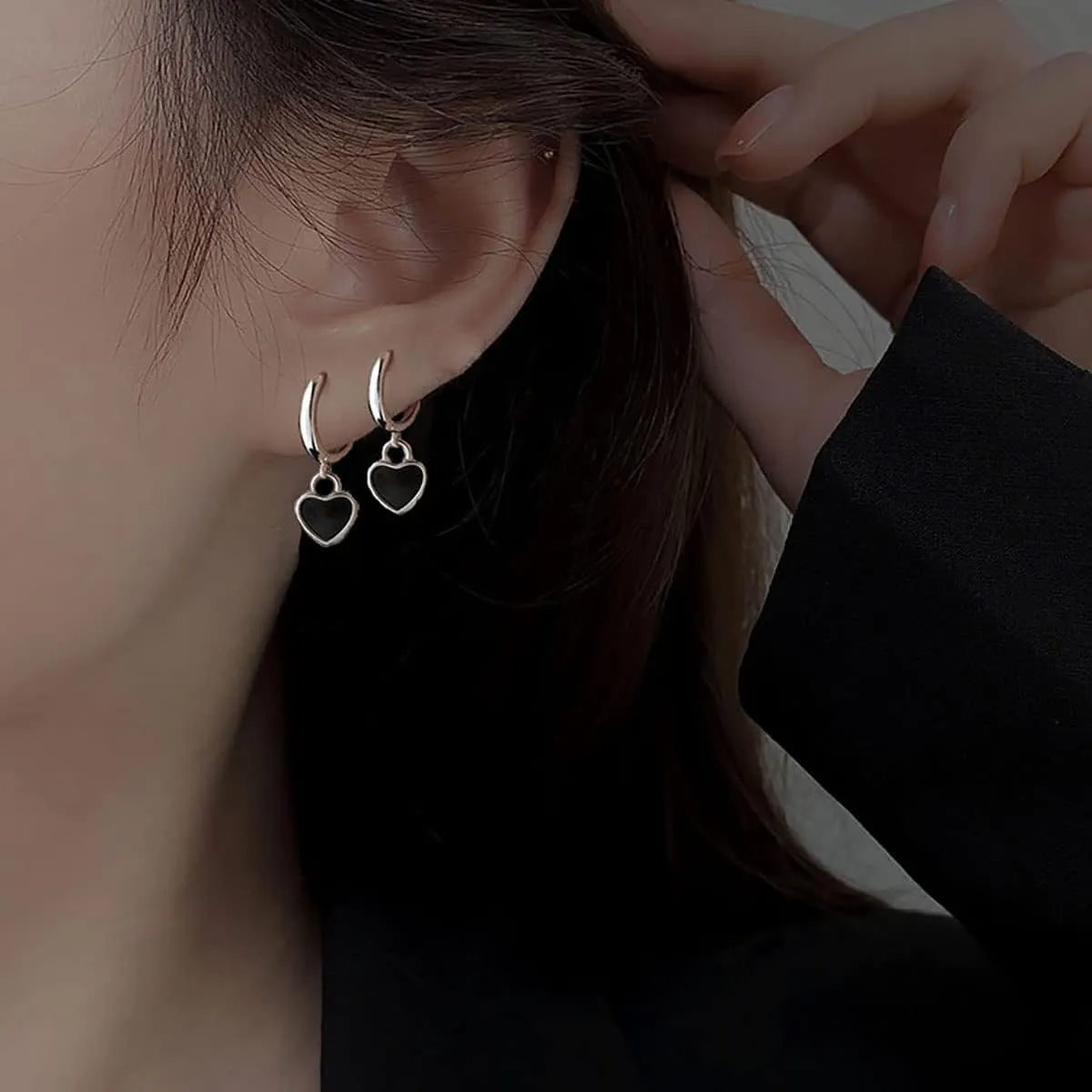 SLUYNZ Sterling Silver Black Heart Hoop Earrings for Women Teens Love Heart Hoop Earrings Huggie
