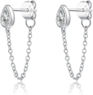 SLUYNZ Sterling Silver CZ Teardrop Chain Dangle Earrings for Women Teens Minimalist Droplet Earrings Tassel Studs Chain