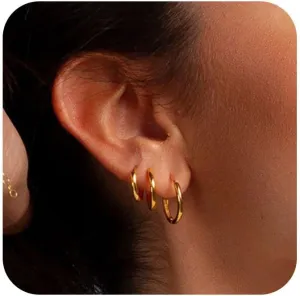 Small Gold Hoop Earrings Set of 3 - Plated 14K Real Gold Hoops for Women - Hypoallergenic, Mini, Non-Tarnish, Stack, Cartilage Hoops