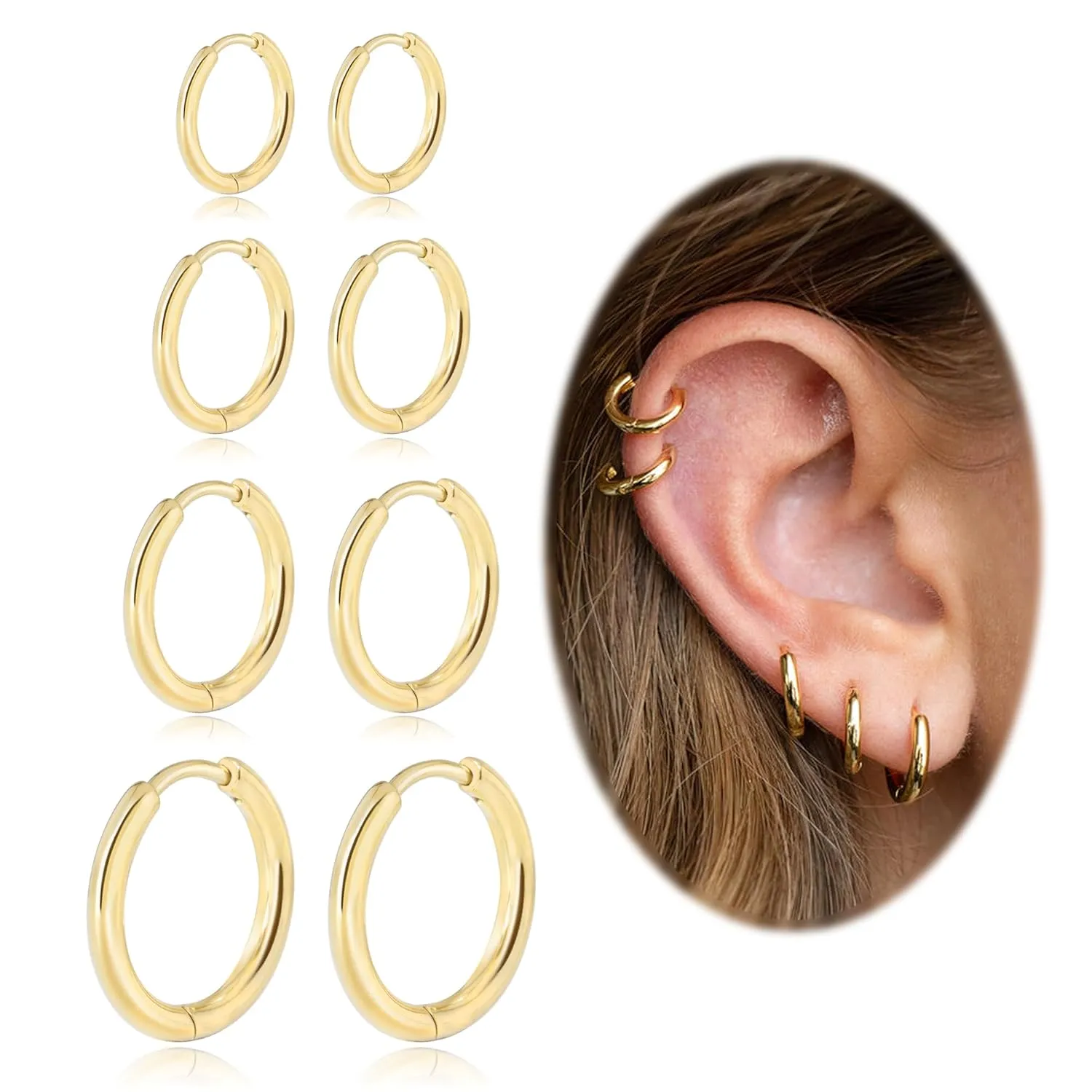 Small Hoop Earrings for Women Men 14k Real Gold Plated Huggie Hoop Earrings for Cartilage Helix Hypoallergenic Surgical Stainless Steel Earrings 6/8/10/12mm Thin Gold Hoops Set for Girls (2.0mm)