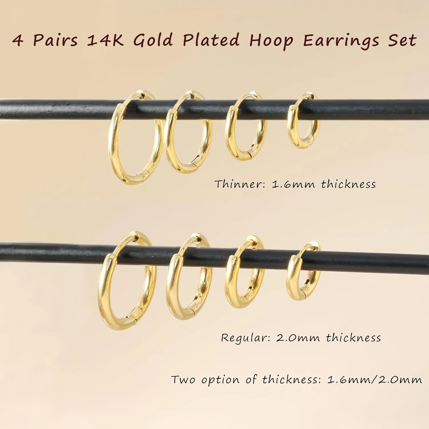 Small Hoop Earrings for Women Men 14k Real Gold Plated Huggie Hoop Earrings for Cartilage Helix Hypoallergenic Surgical Stainless Steel Earrings 6/8/10/12mm Thin Gold Hoops Set for Girls (2.0mm)