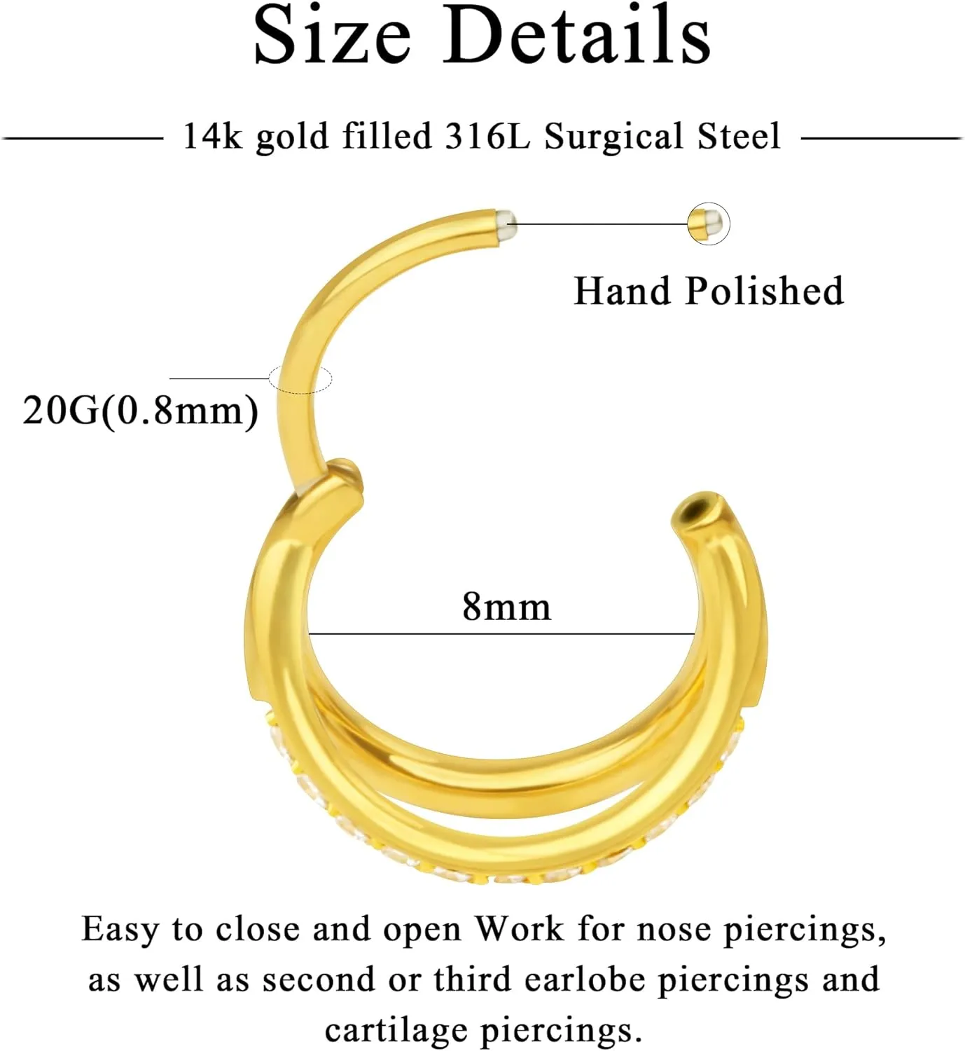 SmileBelle 14K Gold Hinged Nose Rings Hoop for Women 20G, 316L Surgical Steel Clicker Septum Ring, Hoop Huggie Earring for Upper Lobe Cartilage Helix Piercing Jewelry (8mm, 6mm,10mm)