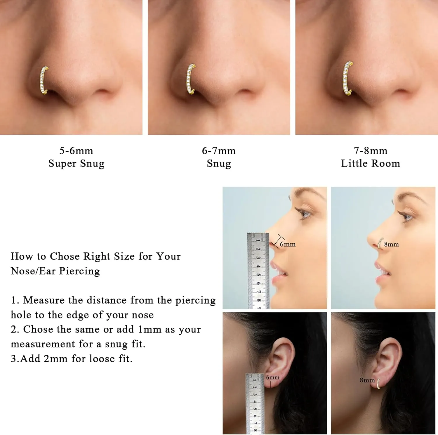 SmileBelle 14K Gold Hinged Nose Rings Hoop for Women 20G, 316L Surgical Steel Clicker Septum Ring, Hoop Huggie Earring for Upper Lobe Cartilage Helix Piercing Jewelry (8mm, 6mm,10mm)