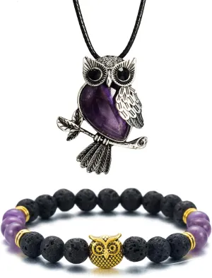 Softones Owl Necklace Healing Crystals Necklace for Women Men Reiki Spiritual Energy Gemstone Necklace Lava Owl Bracelet Set Gifts for Women with Gift Box