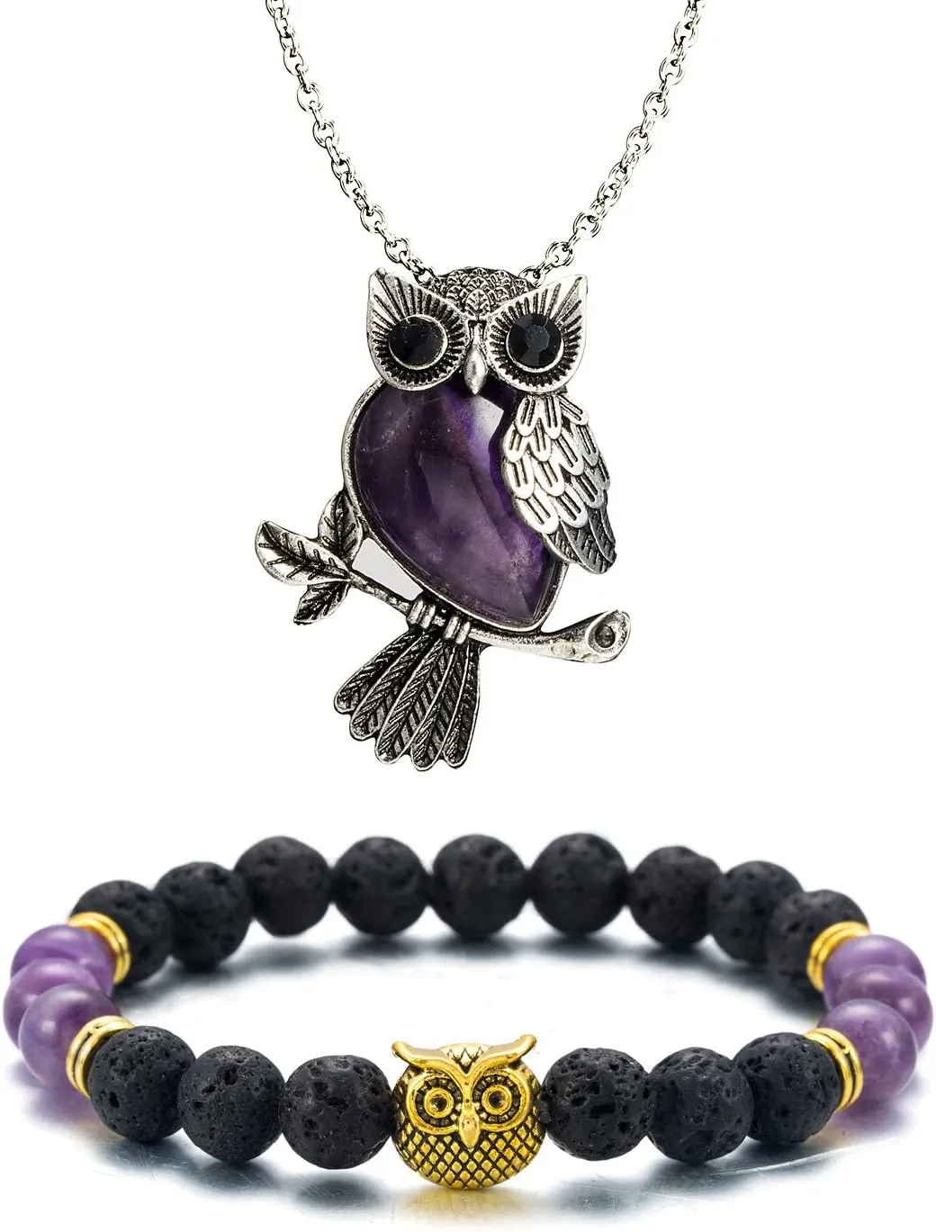 Softones Owl Necklace Healing Crystals Necklace for Women Men Reiki Spiritual Energy Gemstone Necklace Lava Owl Bracelet Set Gifts for Women with Gift Box