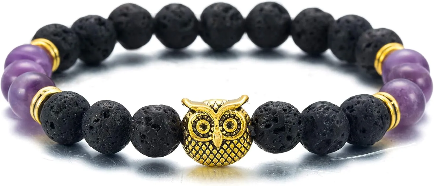 Softones Owl Necklace Healing Crystals Necklace for Women Men Reiki Spiritual Energy Gemstone Necklace Lava Owl Bracelet Set Gifts for Women with Gift Box