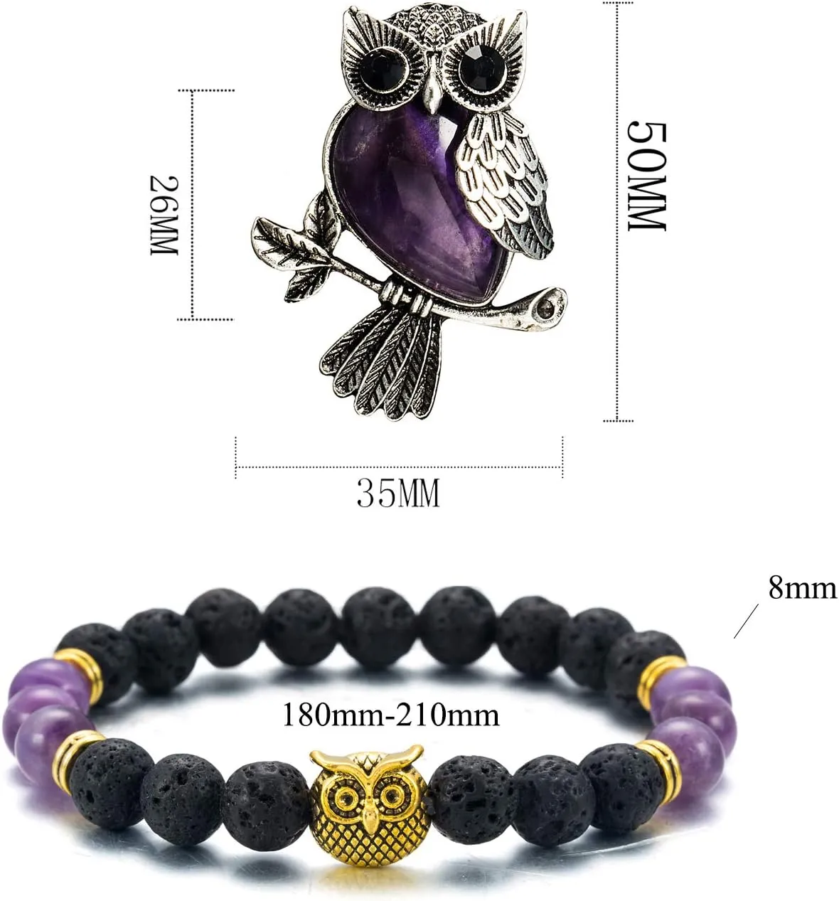 Softones Owl Necklace Healing Crystals Necklace for Women Men Reiki Spiritual Energy Gemstone Necklace Lava Owl Bracelet Set Gifts for Women with Gift Box