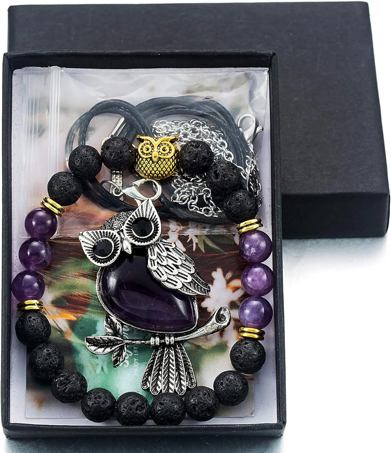 Softones Owl Necklace Healing Crystals Necklace for Women Men Reiki Spiritual Energy Gemstone Necklace Lava Owl Bracelet Set Gifts for Women with Gift Box