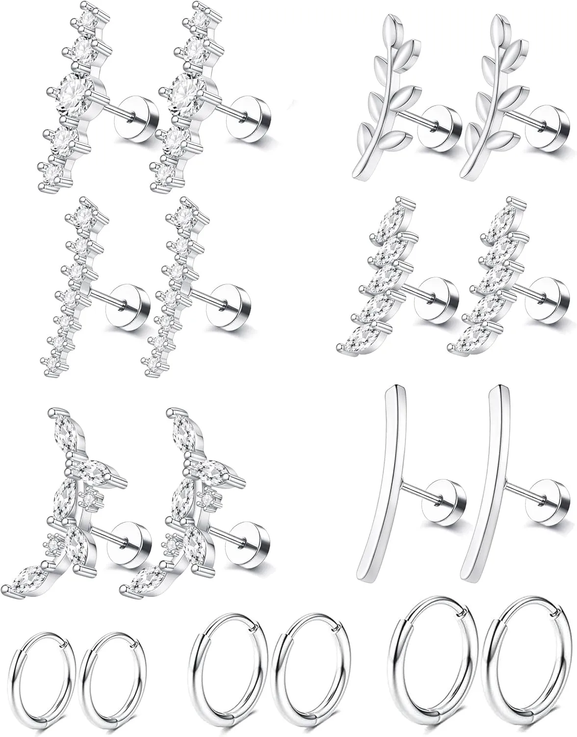 SONNYX Dainty Hypoallergenic Flat Back Earrings for Women Trendy Small 14K Gold Surgical Stainless Steel Earrings Flatback Stud Hoop Cartilage Earring Set for Multiple Piercing