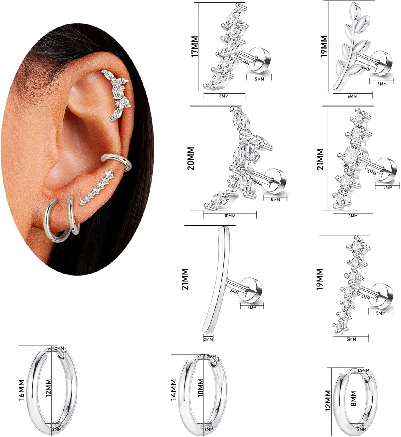 SONNYX Dainty Hypoallergenic Flat Back Earrings for Women Trendy Small 14K Gold Surgical Stainless Steel Earrings Flatback Stud Hoop Cartilage Earring Set for Multiple Piercing