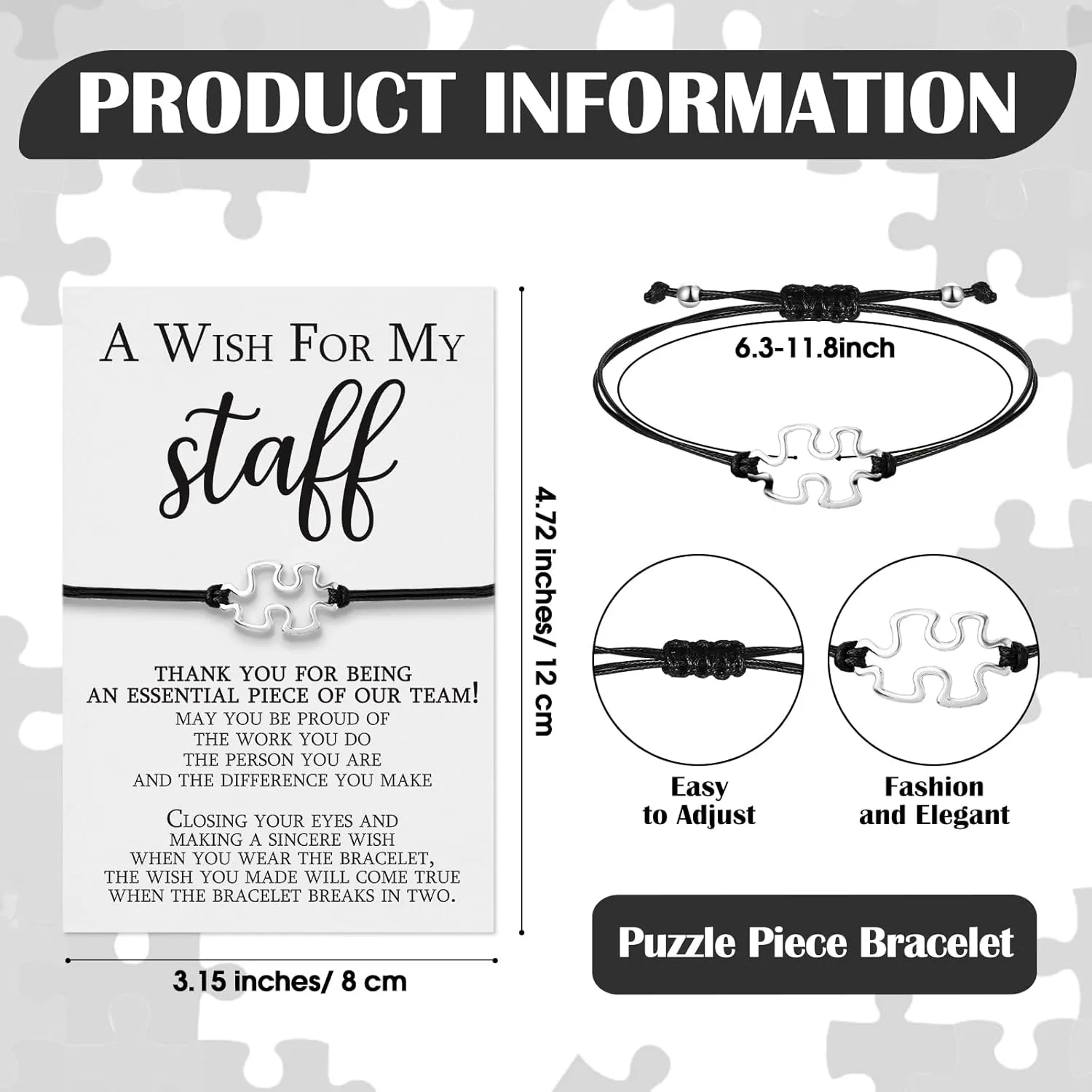 Staff Appreciation Gifts Cna Week Gifts Bulk 2025 Team Puzzle Piece Bracelet Bulk with Thank You Postcard a Wish for My Staff Inspirational Favors for Nurse, Coworkers, Students(150 Sets)