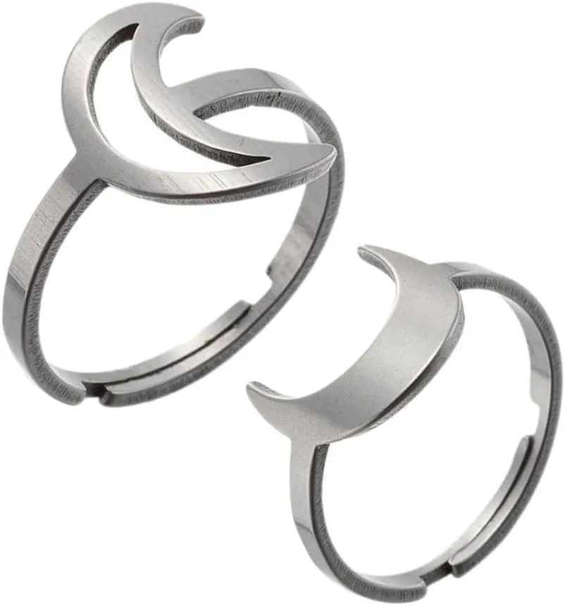 Stainless Steel Moon Crescent Rings Open Matching Geometric Hollow Half Moon Horn Rings for Women Men Couple Friendship Rings Jewelry 2Pcs Set