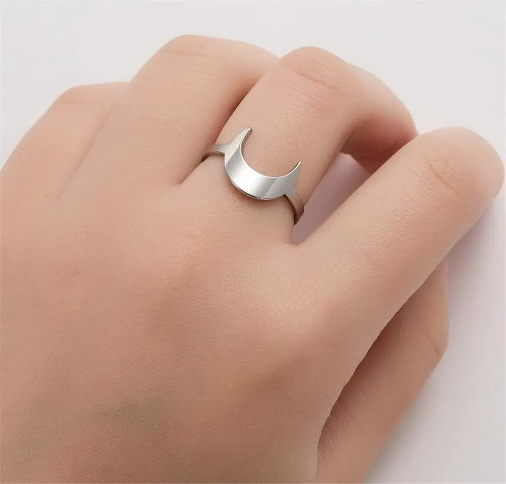 Stainless Steel Moon Crescent Rings Open Matching Geometric Hollow Half Moon Horn Rings for Women Men Couple Friendship Rings Jewelry 2Pcs Set