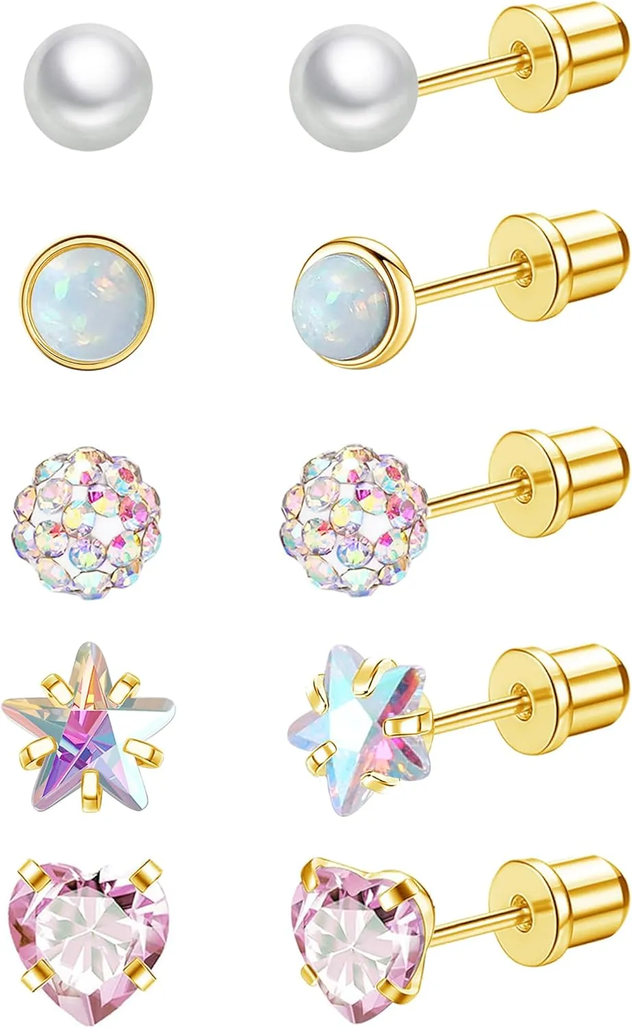 Staligue 5 Pairs Titanium Earrings for Sensitive Ears Hypoallergenic Screw Back Earrings for Women Opal Pearl Heart Star CZ 20G Pure Titanium Screw On Earrings
