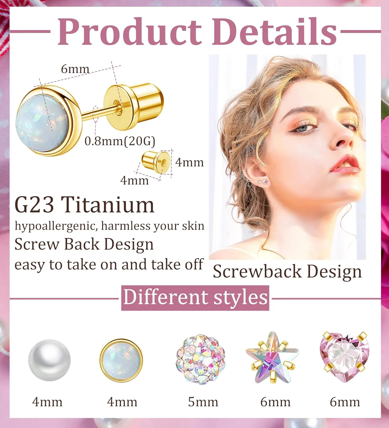 Staligue 5 Pairs Titanium Earrings for Sensitive Ears Hypoallergenic Screw Back Earrings for Women Opal Pearl Heart Star CZ 20G Pure Titanium Screw On Earrings