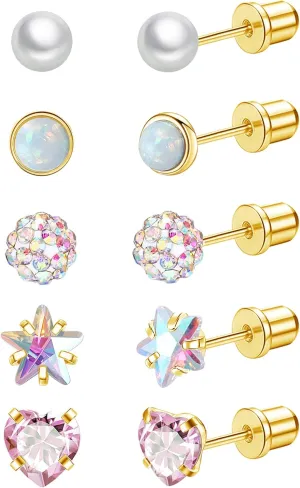 Staligue 5 Pairs Titanium Earrings for Sensitive Ears Hypoallergenic Screw Back Earrings for Women Opal Pearl Heart Star CZ 20G Pure Titanium Screw On Earrings