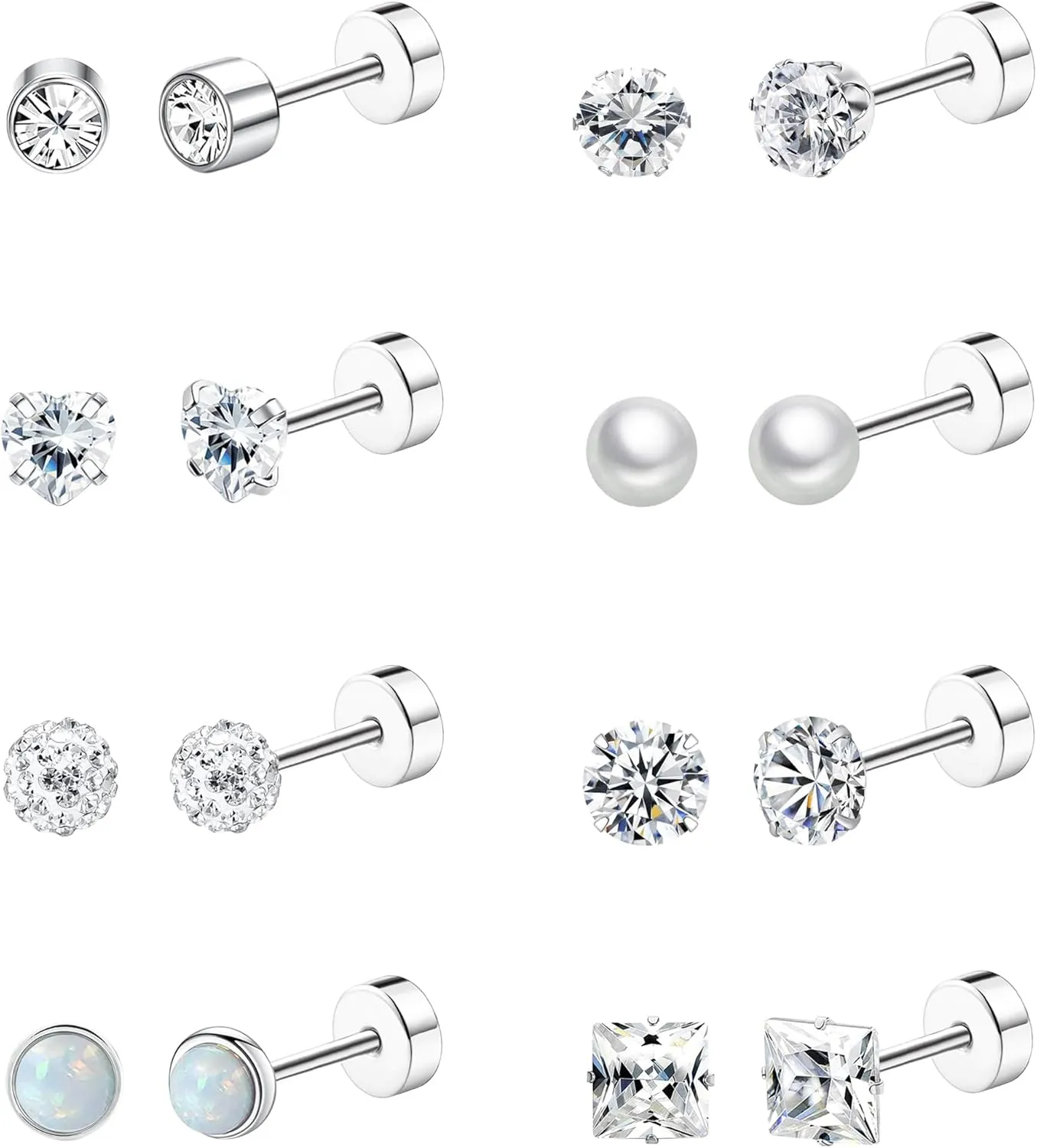 Staligue 8 Pairs Titanium Surgical Steel Earrings for Women Men Hypoallergenic Flat Back Stud Earrings for Sensitive Ears 20 Gauge Surgical Steel Cartilage Earring Opal CZ Pearl Small Nap Sleeper Earrings