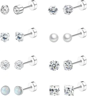 Staligue 8 Pairs Titanium Surgical Steel Earrings for Women Men Hypoallergenic Flat Back Stud Earrings for Sensitive Ears 20 Gauge Surgical Steel Cartilage Earring Opal CZ Pearl Small Nap Sleeper Earrings