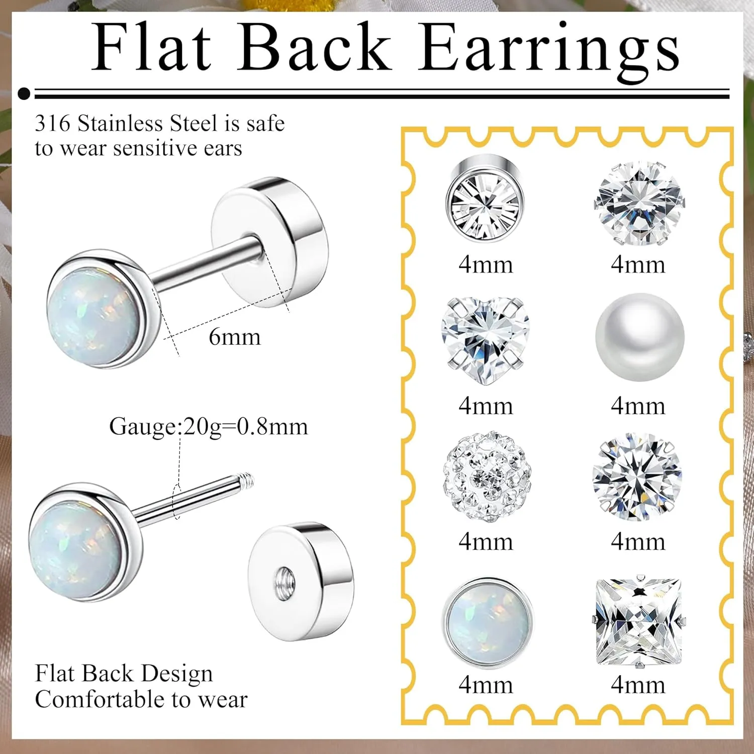 Staligue 8 Pairs Titanium Surgical Steel Earrings for Women Men Hypoallergenic Flat Back Stud Earrings for Sensitive Ears 20 Gauge Surgical Steel Cartilage Earring Opal CZ Pearl Small Nap Sleeper Earrings