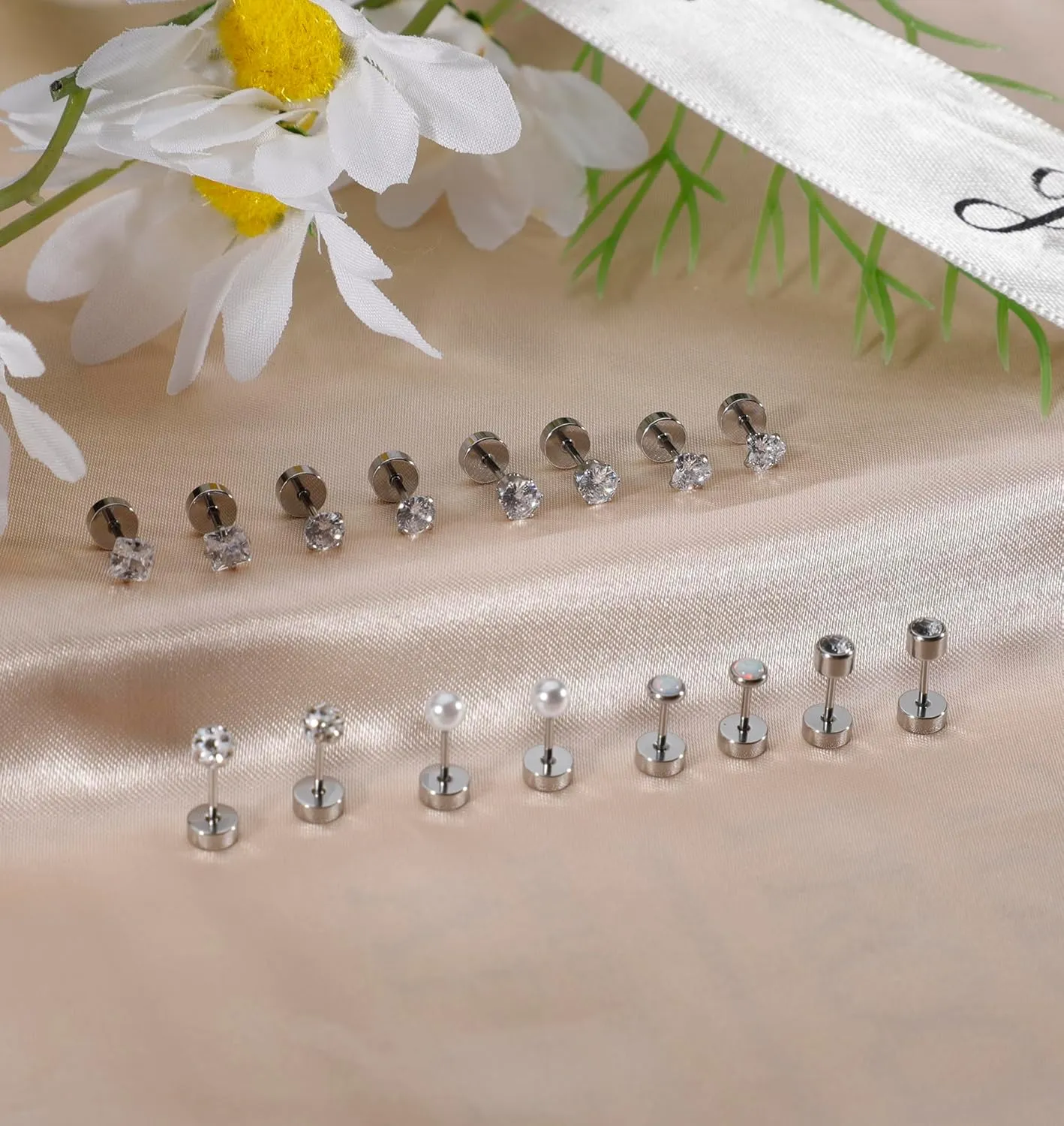 Staligue 8 Pairs Titanium Surgical Steel Earrings for Women Men Hypoallergenic Flat Back Stud Earrings for Sensitive Ears 20 Gauge Surgical Steel Cartilage Earring Opal CZ Pearl Small Nap Sleeper Earrings