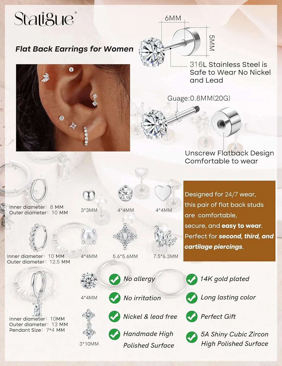 Staligue Tiny Hypoallergenic Surgical Steel Earrings for Women Men 14K Gold Plated Flat Back Stud Earrings for Sensitive Ears 20G Gold Flatback Stud Hoop Cartilage Earring Set for Multiple Piercing