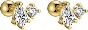 Stella Swirl 14K Gold Plated Two Stones Cluster Barbell Cartilage Piercing Earrings Pear Shape Fancy Cut Second Earlobe Hypoallergenic 925 Sterling Silver Earring Studs With Screw On Backings