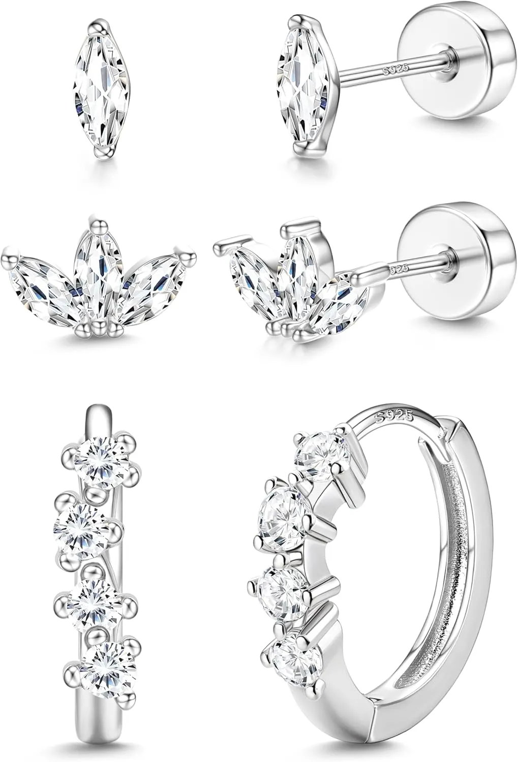 Sterling Silver Flat Back Earrings for Women Trendy Small Hoop Huggie Earrings CZ Cartilage Stud Earrings Set White Gold Plated Tragus Helix Earrings Piercing Jewelrys