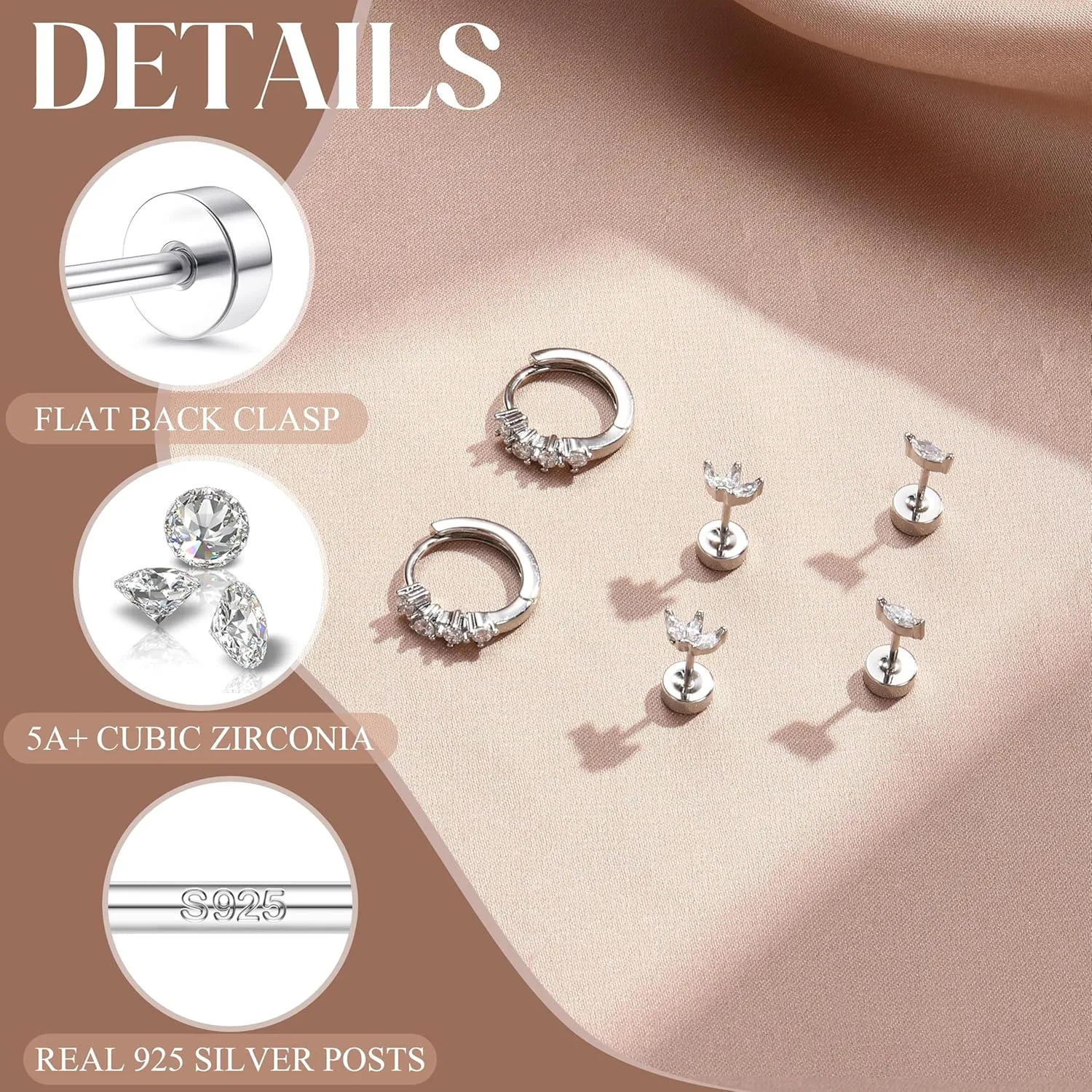 Sterling Silver Flat Back Earrings for Women Trendy Small Hoop Huggie Earrings CZ Cartilage Stud Earrings Set White Gold Plated Tragus Helix Earrings Piercing Jewelrys