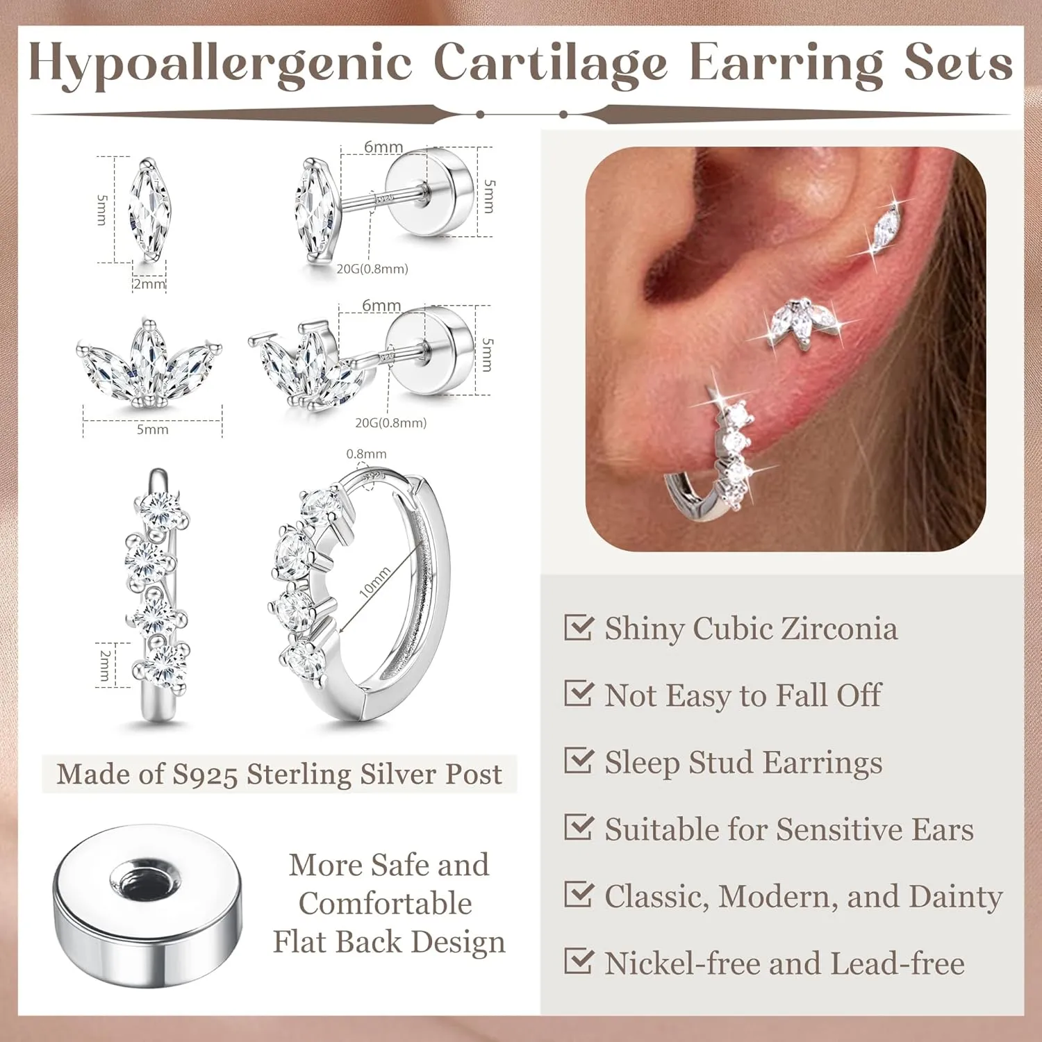 Sterling Silver Flat Back Earrings for Women Trendy Small Hoop Huggie Earrings CZ Cartilage Stud Earrings Set White Gold Plated Tragus Helix Earrings Piercing Jewelrys