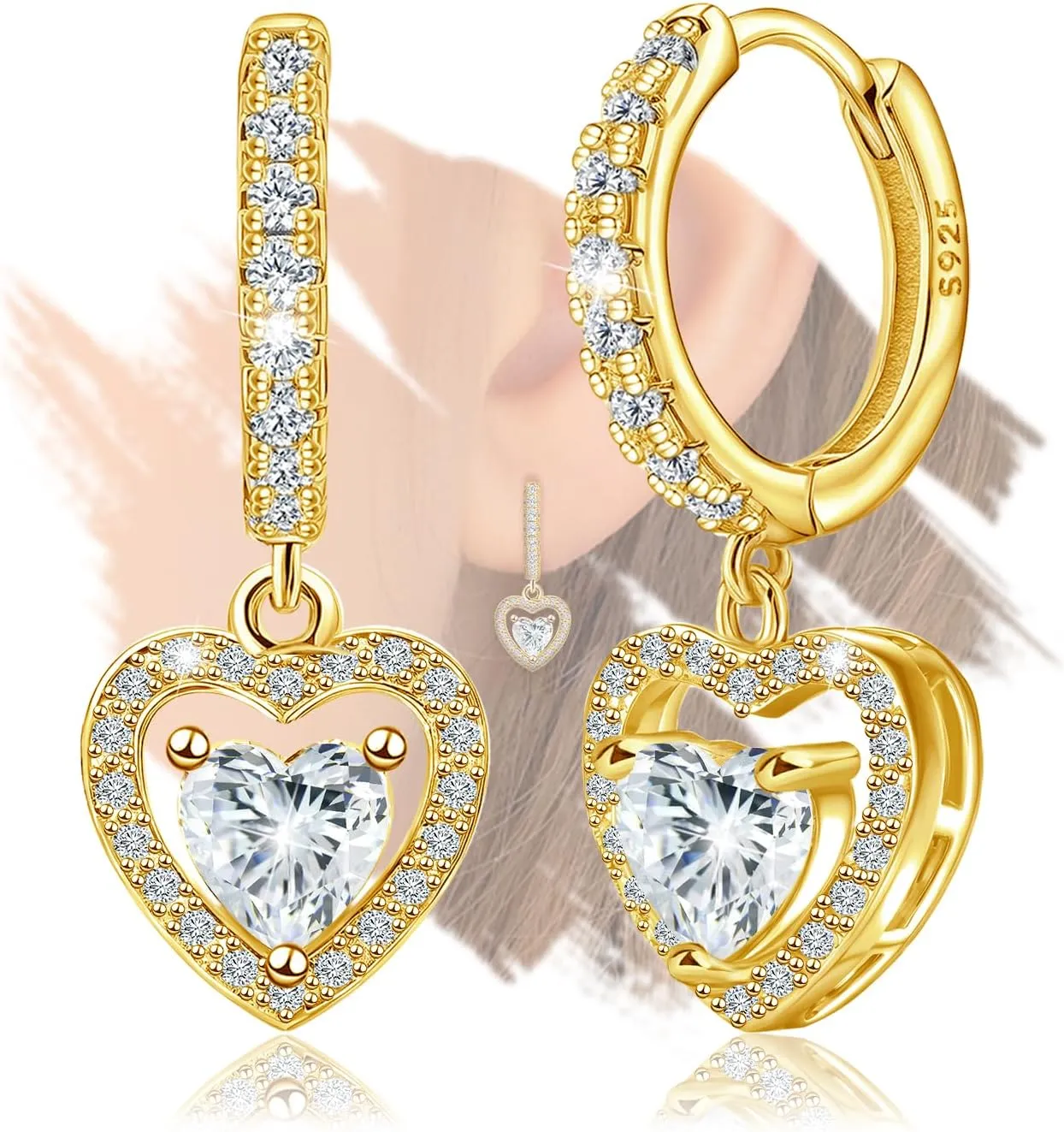 Sterling Silver Gold Heart Earrings for Women - Classic Love Heart-Shaped Hoop Earrings with Dangle Hypoallergenic Lightweight Cubic Zirconia Fashion Gifts for Wife Mother