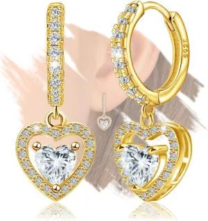 Sterling Silver Gold Heart Earrings for Women - Classic Love Heart-Shaped Hoop Earrings with Dangle Hypoallergenic Lightweight Cubic Zirconia Fashion Gifts for Wife Mother