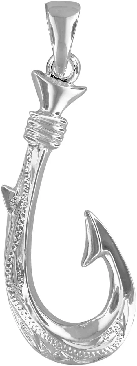 Sterling Silver Hand Engraved Reversible Hawaiian Fish Hook Pendant