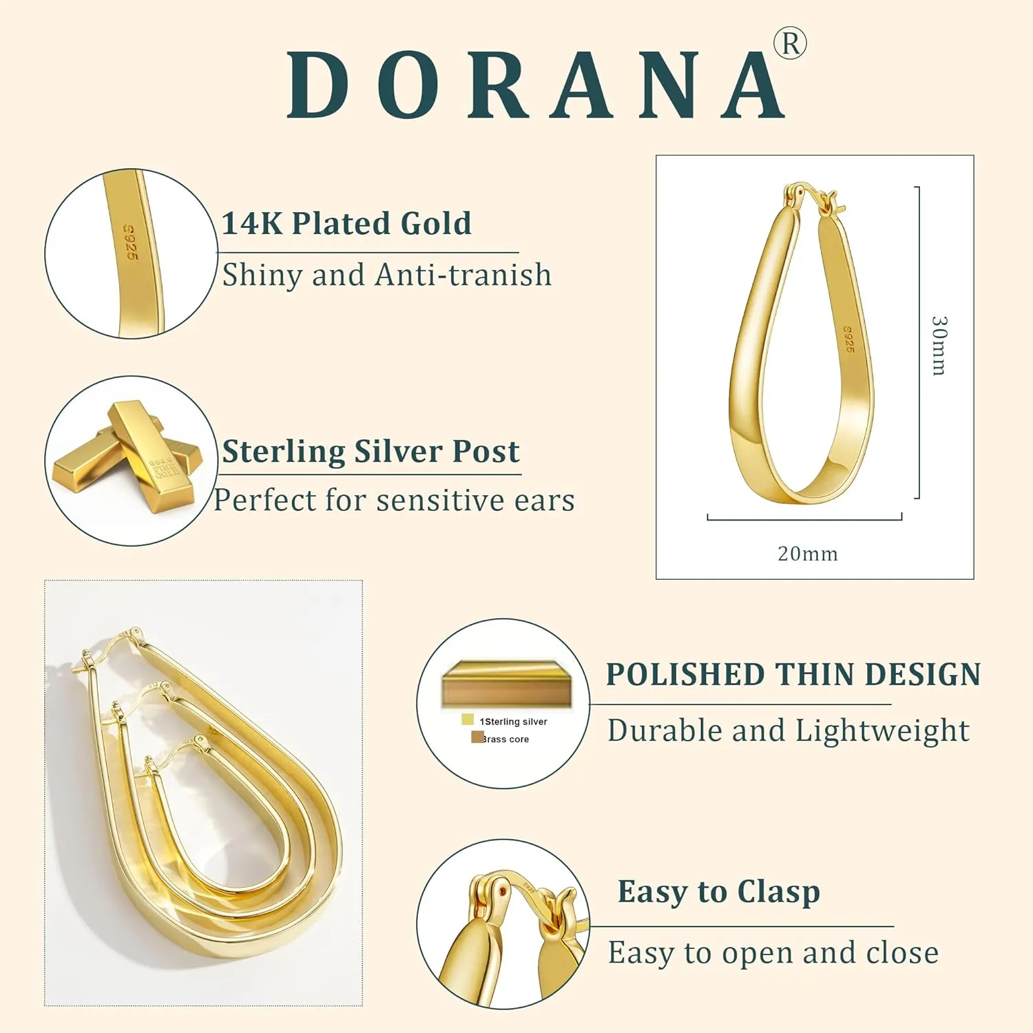 Sterling Silver Hoop Earrings for Women Large Oval Hoop Earrings Lightweight Big Gold Hoops Earrings Hypoallergenic 14K Gold Plated Hoops Earrings Non Tarnish Jewelry Gifts 20/30/40mm