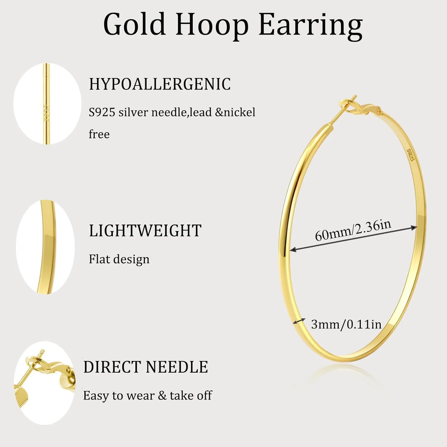 Sterling Silver Hoop Earrings for Women Lightweight Silver Hoop Earrings Hypoallergenic Thin Silver Earrings for Women Big Large Silver Hoop Earrings for Women 40/50/60/70mm