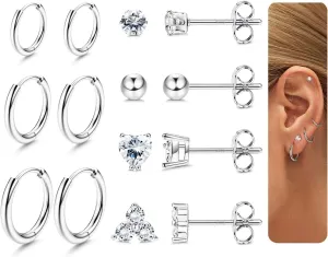 Sterling Silver Huggie Hoop Earrings Studs Set for Women 14K Gold Plated Small Cartilage Earring for Multiple Piercing Hypoallergenic Tiny CZ Earrings 7 Pairs