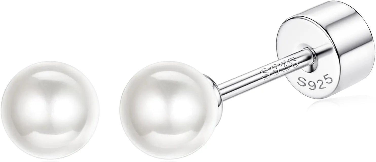 Sterling Silver Pearl Earrings for Women 18K Gold Plated Small Pearl Stud Earrings White Pearl Flat Back Earrings Brides Bridesmaids Wedding Earrings Jewelry