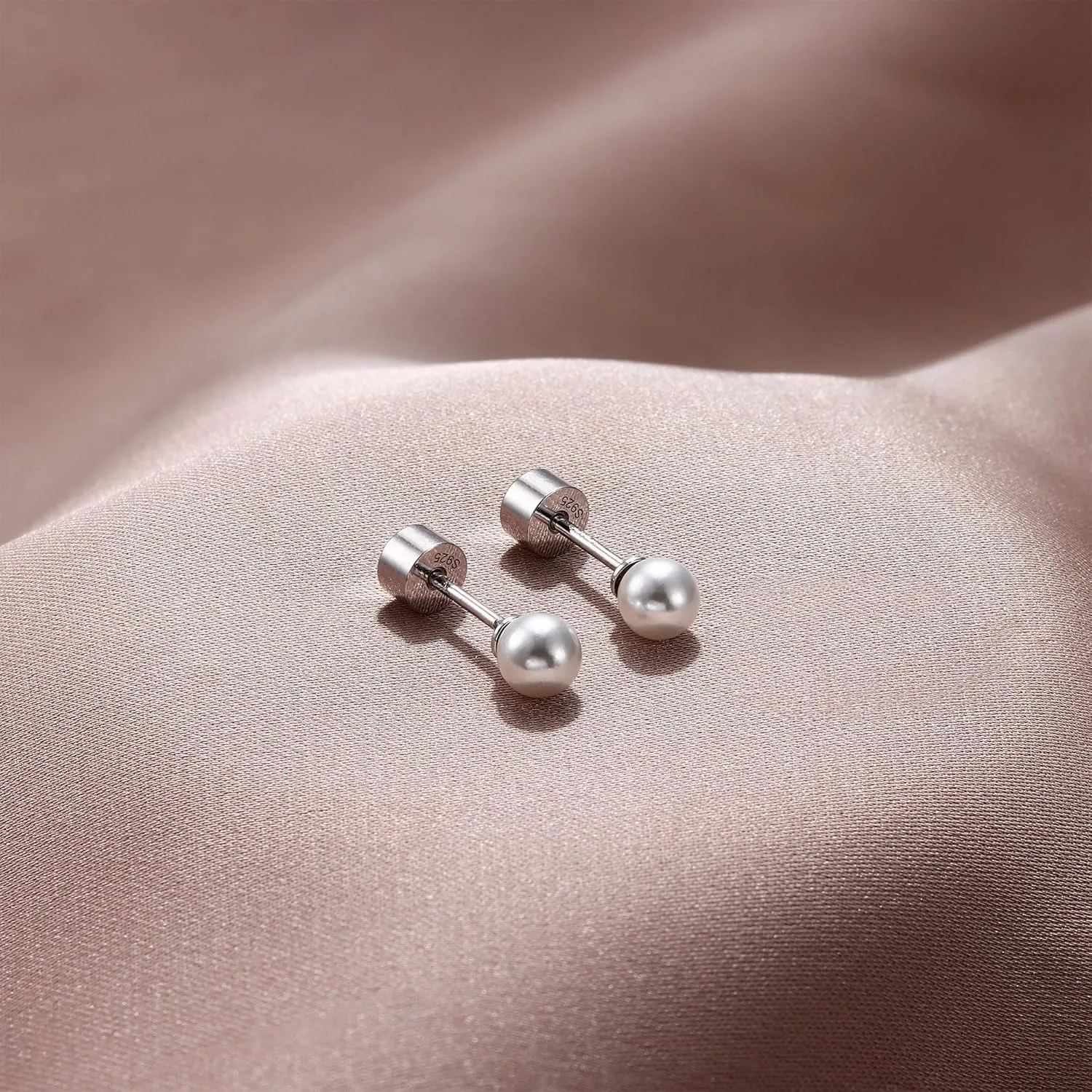 Sterling Silver Pearl Earrings for Women 18K Gold Plated Small Pearl Stud Earrings White Pearl Flat Back Earrings Brides Bridesmaids Wedding Earrings Jewelry