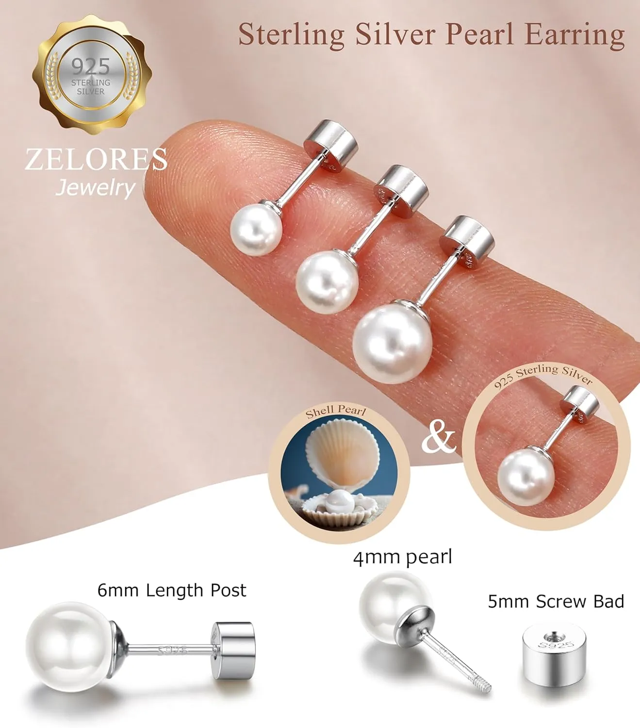 Sterling Silver Pearl Earrings for Women 18K Gold Plated Small Pearl Stud Earrings White Pearl Flat Back Earrings Brides Bridesmaids Wedding Earrings Jewelry