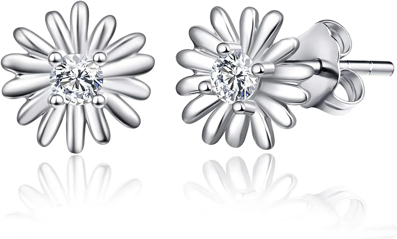 Sterling Silver Stud Earrings, Daisy Stud Earrings For Women Cubic Zircoina Hypoallergenic Small Flower Earrings