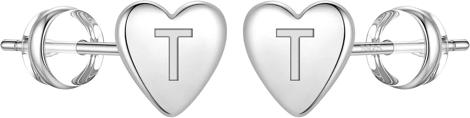 Sterling Silver Stud Earrings for Girls, S925 Sterling Silver Heart Initial Stud Earrings 14K Gold Plated Hypoallergenic little Initial Earrings for Women Girls Sensitive Girls Earrings