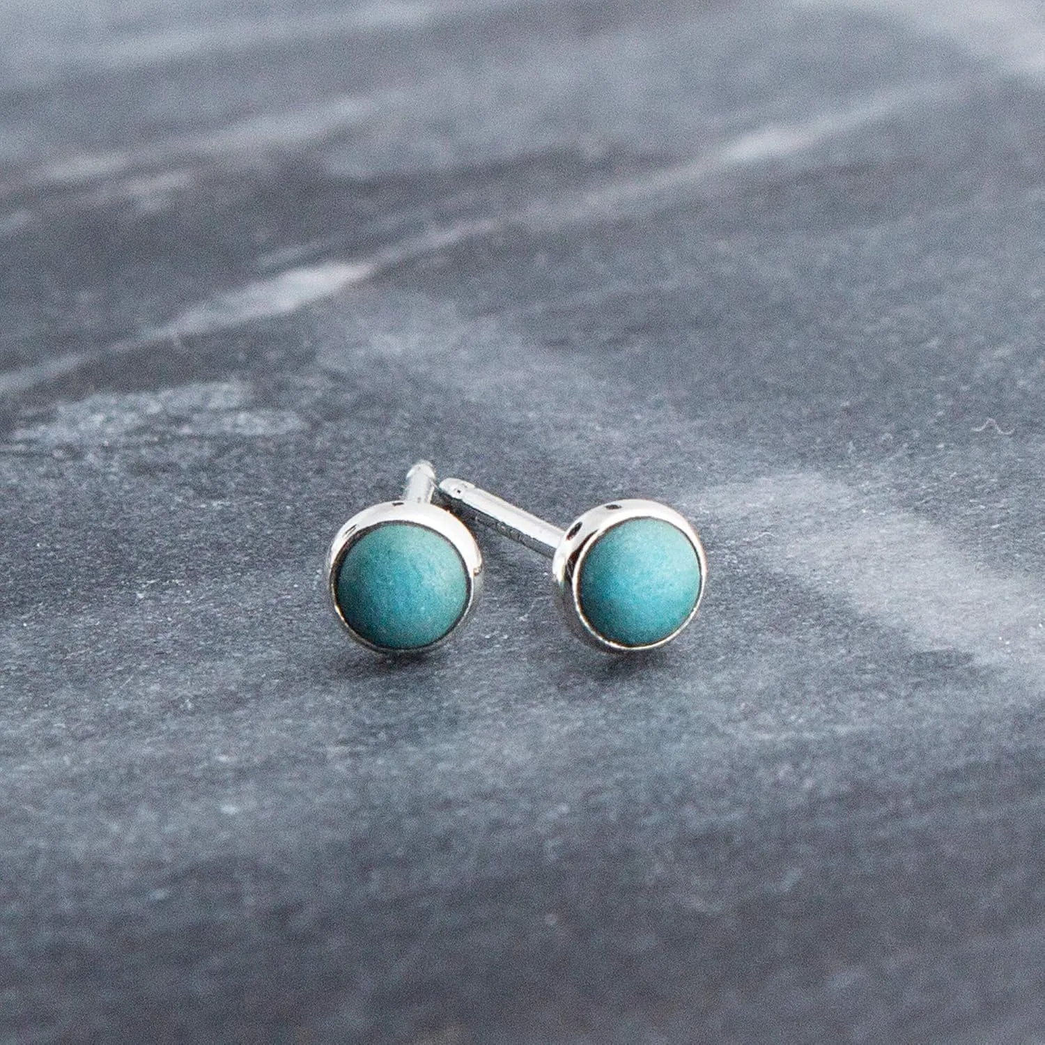 Sterling Silver Tiny Post Stud Piercing Earrings for Cartilage Tragus Helix Multiple Piercing Hypoallergenic Birthstone Jewelry for Women Bezel Set (Turquoise Matte 3mm | Cabochon)