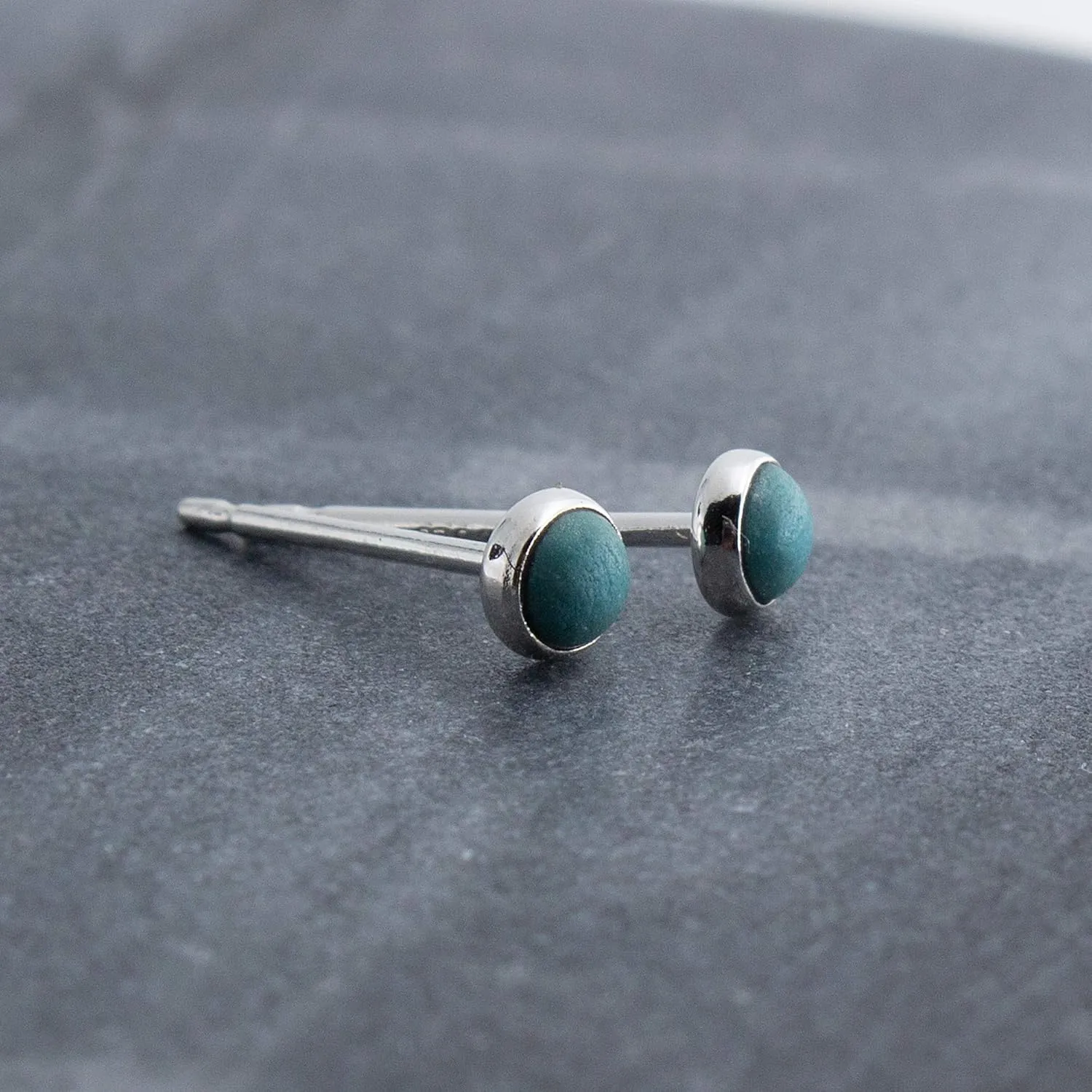 Sterling Silver Tiny Post Stud Piercing Earrings for Cartilage Tragus Helix Multiple Piercing Hypoallergenic Birthstone Jewelry for Women Bezel Set (Turquoise Matte 3mm | Cabochon)