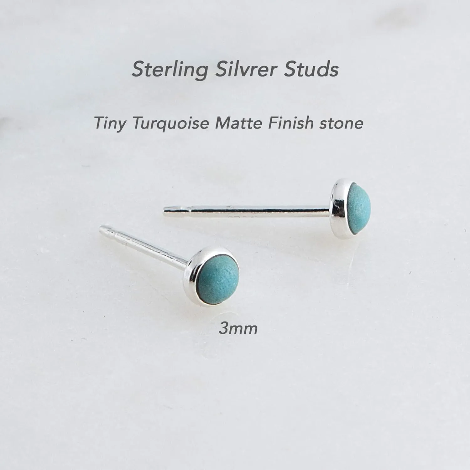 Sterling Silver Tiny Post Stud Piercing Earrings for Cartilage Tragus Helix Multiple Piercing Hypoallergenic Birthstone Jewelry for Women Bezel Set (Turquoise Matte 3mm | Cabochon)