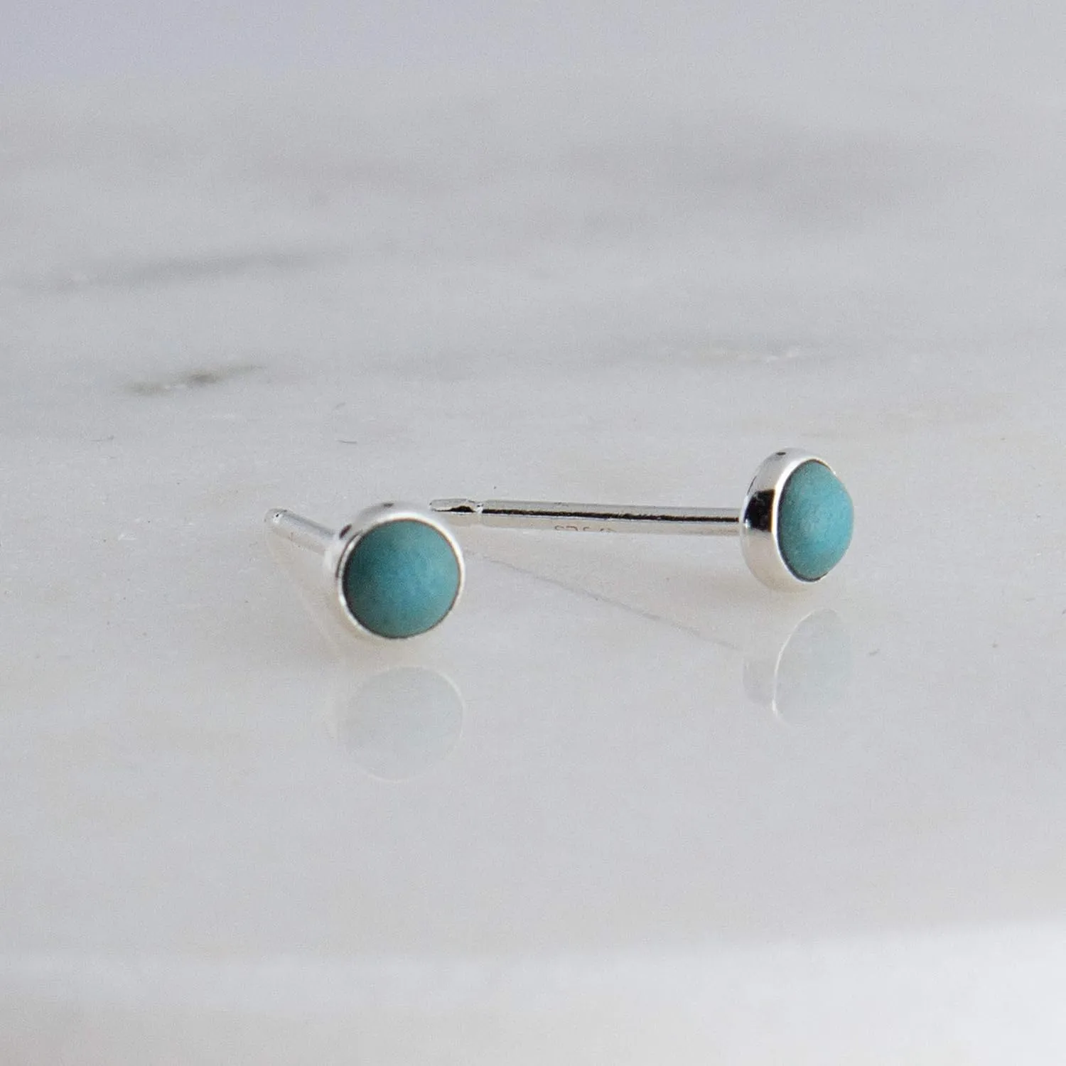 Sterling Silver Tiny Post Stud Piercing Earrings for Cartilage Tragus Helix Multiple Piercing Hypoallergenic Birthstone Jewelry for Women Bezel Set (Turquoise Matte 3mm | Cabochon)
