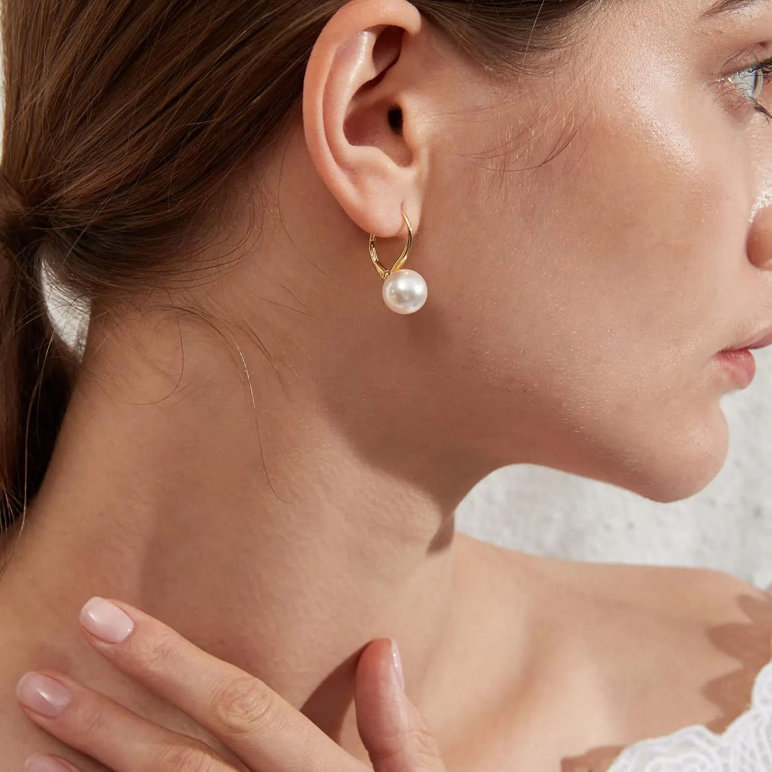Sterling Silver Women's Pearl Earrings 10mm Pearl Drop Earrings Hoops, Hypoallergenic and Nickel Free
